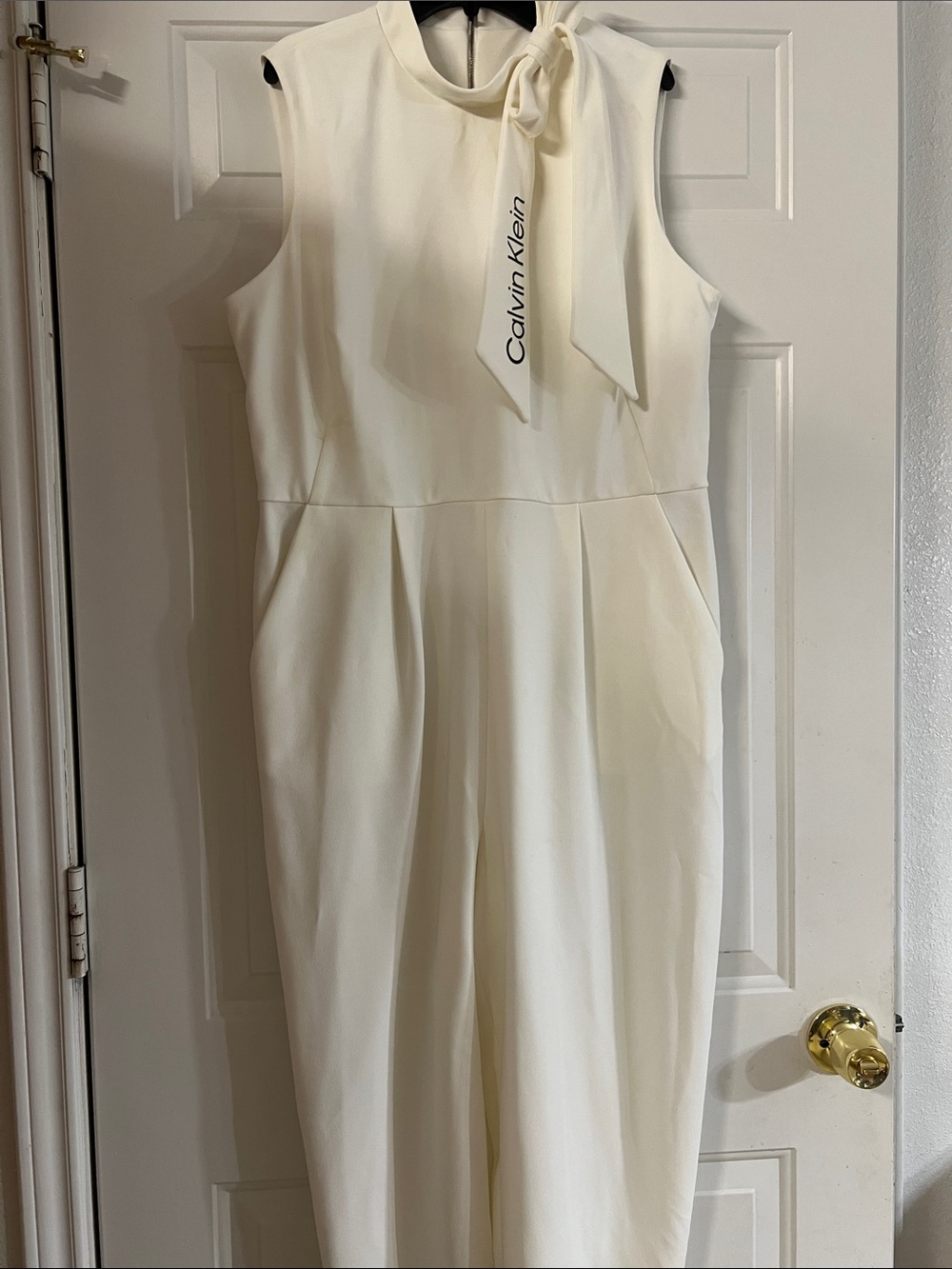 Calvin Klein Cream Sleeveless Tie-Neck JumpSuit